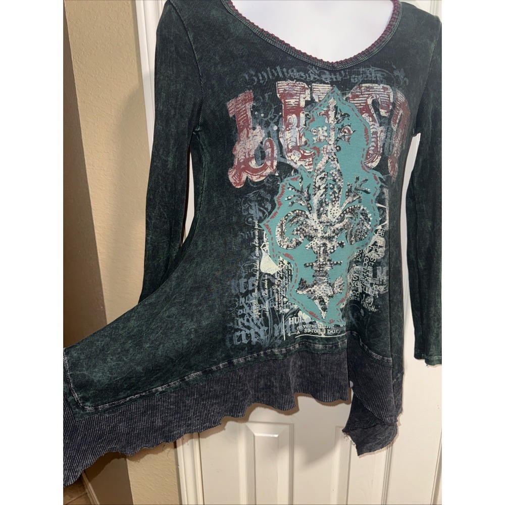 Vintage Women's Lust Embelished Dark Green Long Sleeve Tunic Y2K Grunge Fairy - Picture 2 of 10